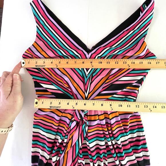 Betsey Johnson V-Neck Sleeveless Dress Sz 2 Pink Multi Striped Front Sash Zipper - Picture 7 of 9